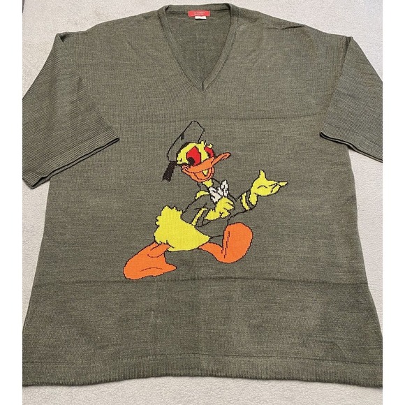 Iceberg Disney Sweater XXL Green Knit Short Sleeve Donald Duck V Neck - Picture 1 of 9